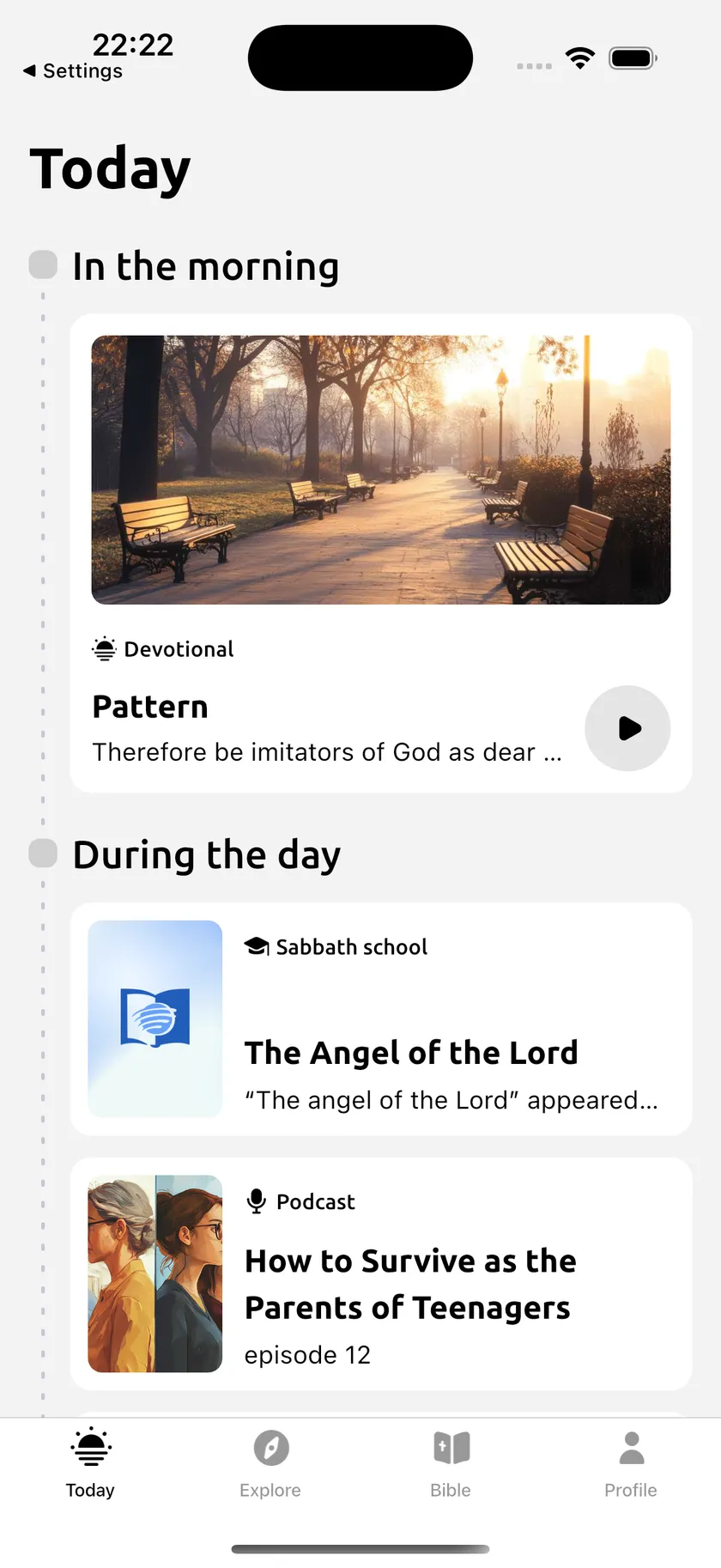 Pantalla Hoy de Devotionals con una lectura devocional y acceso al lector de la Biblia